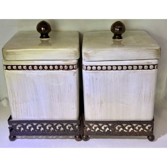 Godinger Other - Godinger Beaded Canister Set of 2 Metal Scroll Stand Farmhouse